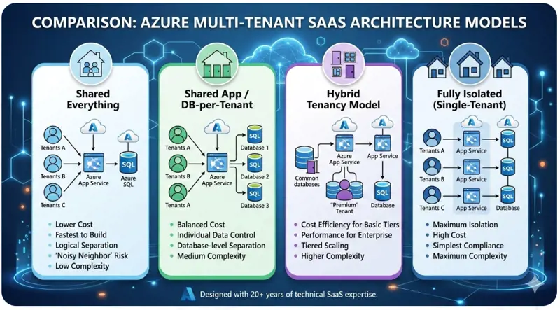 Comparison chart of multi-tenant SaaS architecture models on Azure