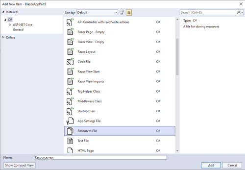 BlazorAppPart3 - Add Resource file